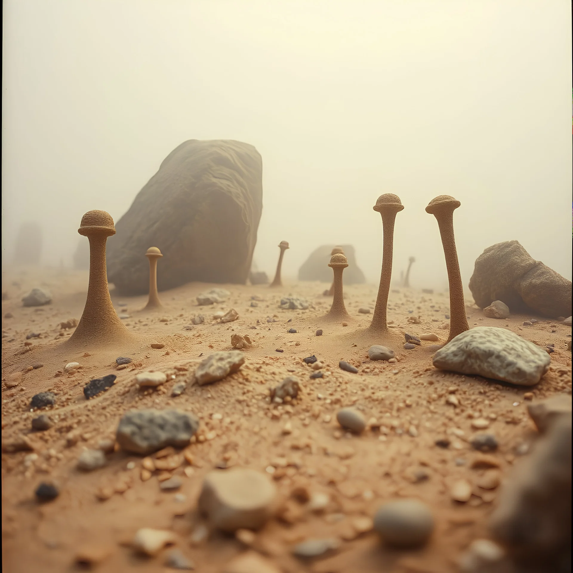 A striking quality close-up Kodak image captures a surreal wasteland with odd stones, odd spindle-shaped objects, spooky, creepy, details of the dust very accentuated, glossy, organic, adorned with minerals and rocks, fog, feeble light, eerie, Yves Tanguy style, volumetric light, fog