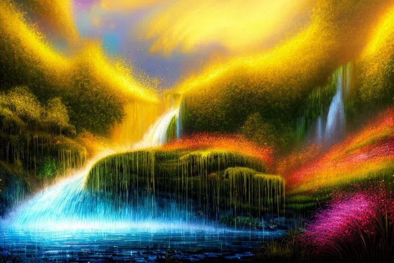 golden waterfall falling from clouds into meadow,epic, hyper detailed, digital painting, elegant, centered, detailed, neon signs, 8k, shining, heaven, many happy people, dampf,