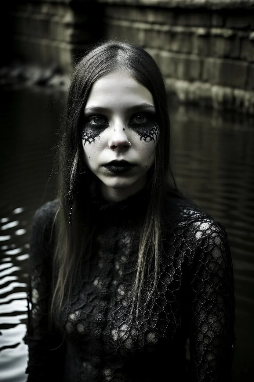 20 year old woman, sunken face, gothic style, full figure