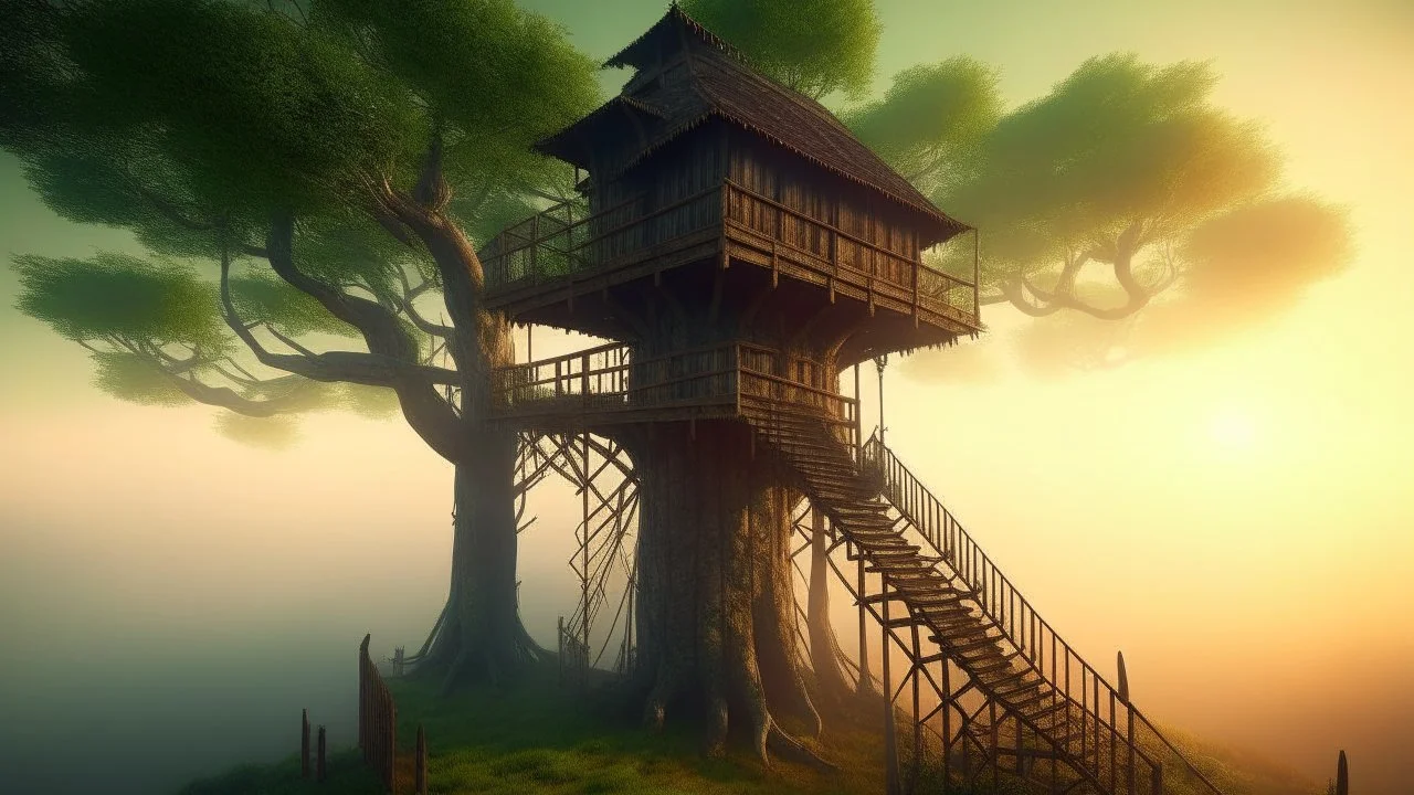 minimal soft studio light photography, A giant treehouse with intricate interconnected platforms, featuring a lookout tower at the top, surrounded by a misty atmosphere in the early morning light., high detail, solid bold color background