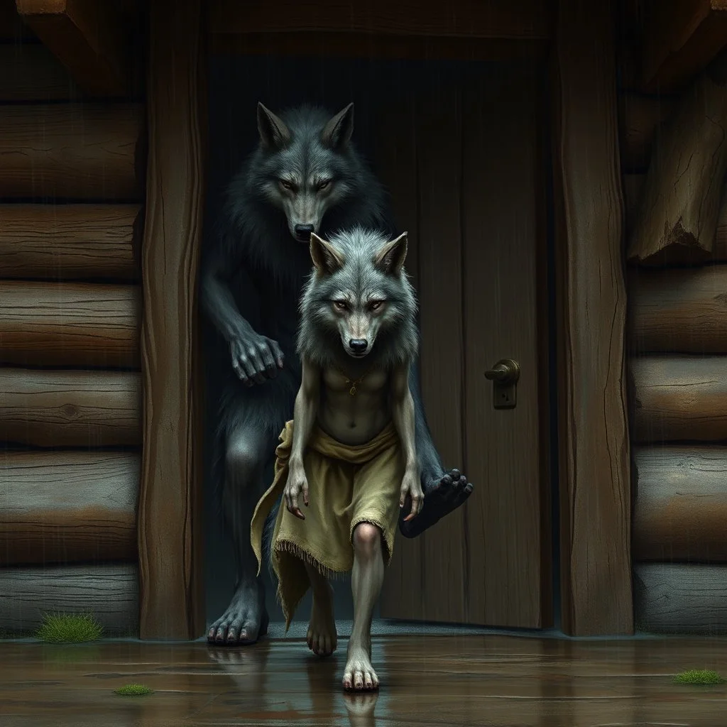 fantasy digital art of kicked out of the house a very sad little anthro wolf she have wolf face gray hairy wolf body and wears just a short canvas rag around her waist , she have sadly face , rain , behind she an tall angry anthro wolf man in dark gray body hairy kicks she out the door with his foot, behind in rustic halb open door in an massive wooden house, rainy day, detailed, fantasy mood