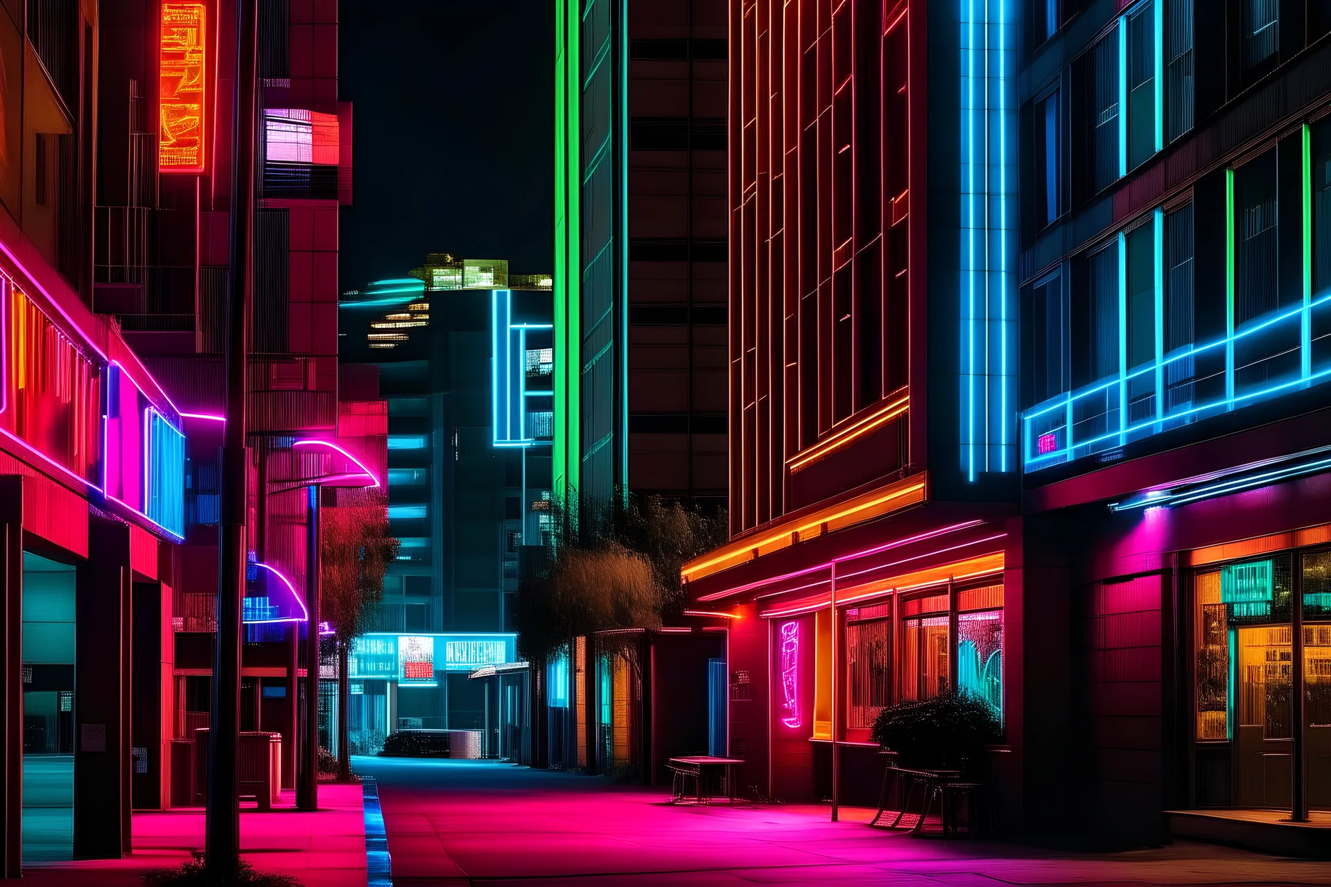 urban college campus, neon lights