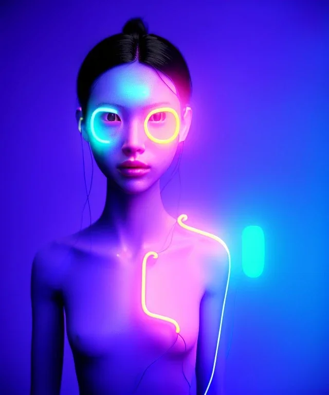 Ultra realistic photographic night portrait, cinematic, <Asian woman> many wires coming out of the head <perfect pupil><glow eye> <cyborg arm> <garage> <wide angle><x-rays>, hot, retro futuristic dress <Helmut newton photo style>, neon lights, color fog, soft color, highly detailed, unreal engine 5, ray tracing, RTX, lumen lighting, ultra detail, volumetric lighting, high definition.