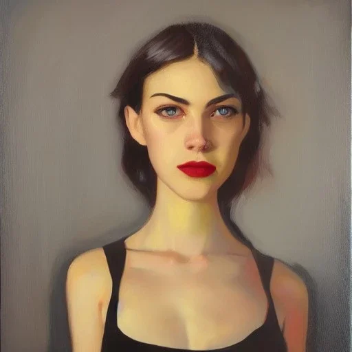  100 % modern conceptual art, realistic portrait oil painting by Malcom Liepke, of a beautiful 18 year old woman , front view centered 3/4 figure symmetrical and cinematic side lighting, red rimmed eyes with dark cir precise brushstrokes and subtle blended variations in skin color temperature, perfectly proportioned female figure elegantly posed and wears contempory casual clothes, short tangled hyper-realistic detailed jet-black hair with bangs! Perfectly symmetrical facial features ,cgsociety,