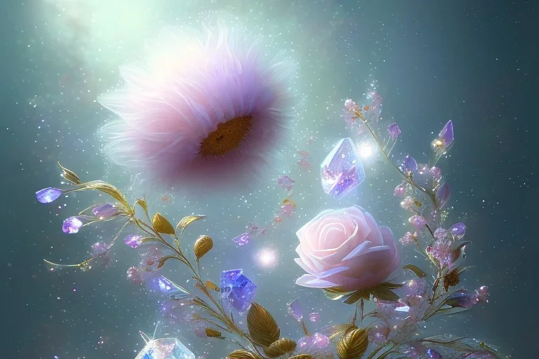 one big crystal subtle flower in a galactic ambiance with a very little beautiful fairy, transparent petals, delicate colors, in the foreground, full of details, smooth, bright sunshine，soft light atmosphere, light effect，vaporwave colorful, concept art, smooth, extremely sharp detail, finely tuned detail, ultra high definition, 8 k, unreal engine 5, ultra sharp focus