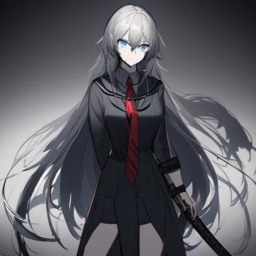 Clear focus, High resolution, long black fluffy hair, blue eyes, wearing a black sailor uniform, red tie, yandere, rough line sketch, dark aura, holding a katana, hair between eyes, 1girl, standing in grey sand, scary