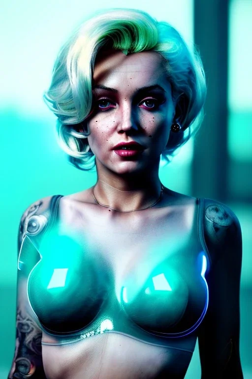 Ultra Realistic image, portrait, blonde woman, sweet Marylin Monroe face, perfect iris, glow eyes, glow makeup. Cyborg, Cyberpunk style, oversized transparent latex coat, yakuza tattoos body. fog, rain, soft color, highly detailed, unreal engine 5, ray tracing, RTX, lumen lighting, ultra detail, volumetric lighting, 3d, finely drawn, high definition, high resolution.