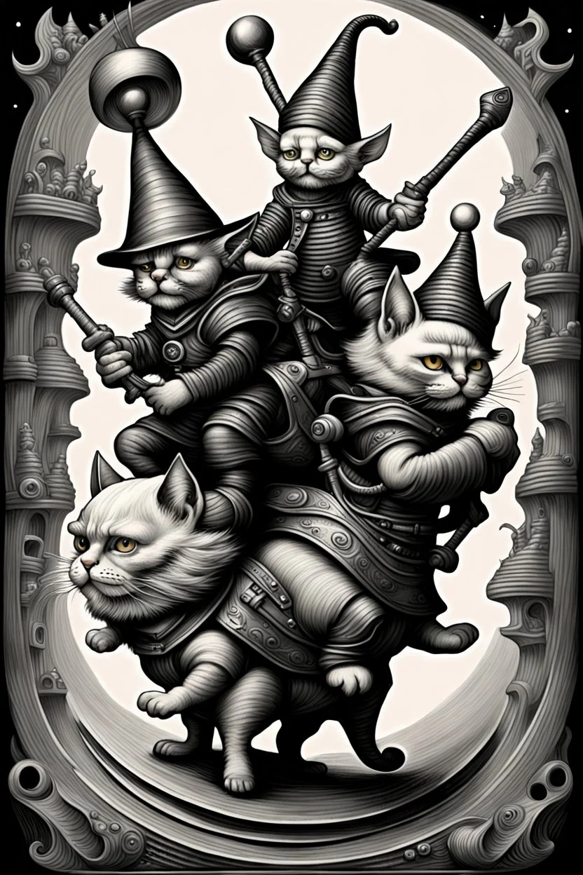 gnomes riding cats with lances in the style of Escher and Giger