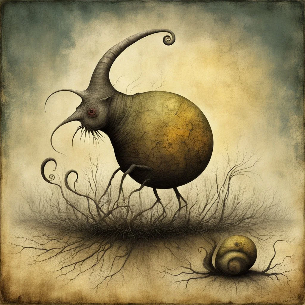 Surreal horror style by Gabriel Pacheco and Zdzislaw Beksinski, cunning curious snail-hominid, anachronisms and inconsistencies, neo-surrealism by Joan Miro and Dr Suess