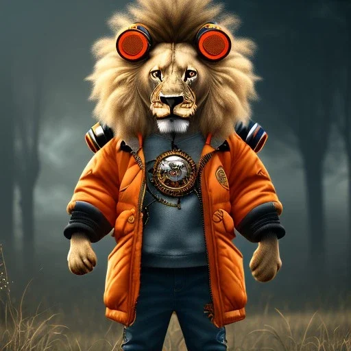 Lion toddler, smile, steampunk headphone, sunglass, gangsta neckless, full body, orange puffer jacket, tokio background, dramatic lighting, hyper realistic, unreal engine 5, 16k