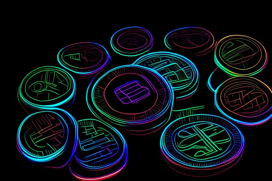 black background, outlines of a holographic coins, drawn from thin neon-coloured glowing lines