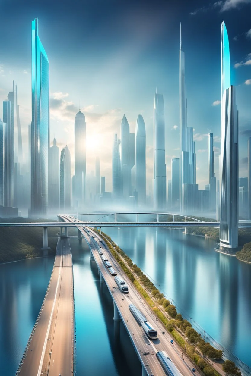 Dreamlike Skyline of Downtown futuristic hightech city in 4050 and a stunning futuristic Bridge During Sunlight over the azur-silver color river, cold colors, high detalied, sci-fi, landscape