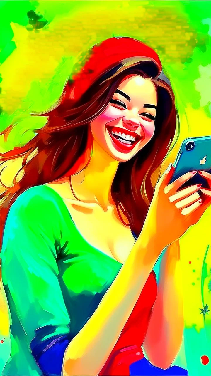 express yourself, a beautiful girl with an iPhone happy Bosch painting style