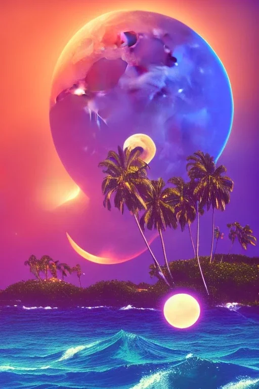 1980's vaporwave aesthetic palm trees with lightning with lunar eclipse moon crescent in the ocean waves sunset