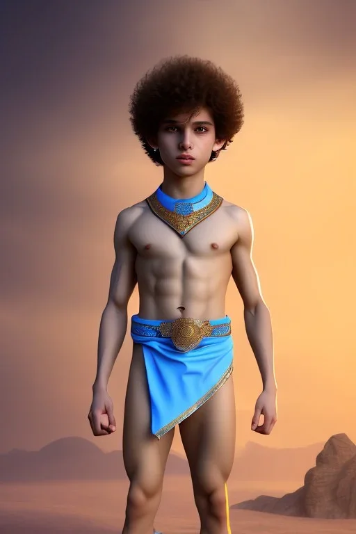 beautiful 12 year old arabic boy with curly hair and light blue eyes dressed in short loincloth