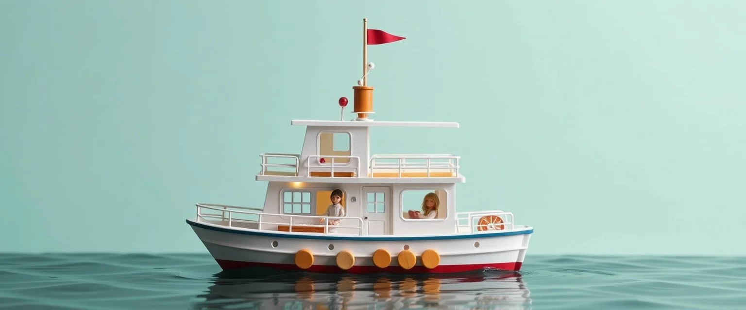doll house by water with doll cabin cruiser