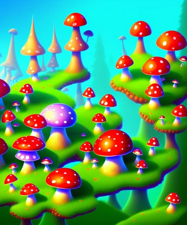 A small and colourful mushroom town in the middle of a large mushroom forest