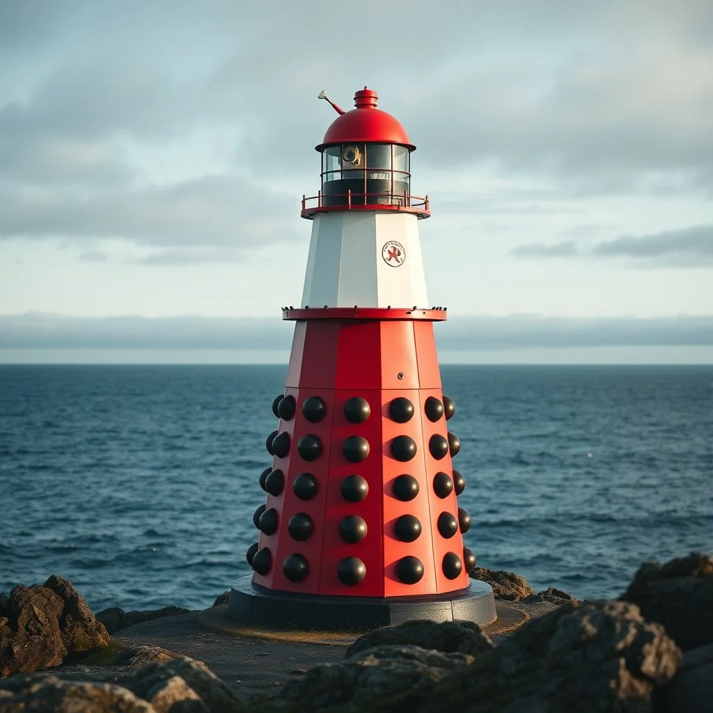 a white and red Dalek as a light house by the ocean