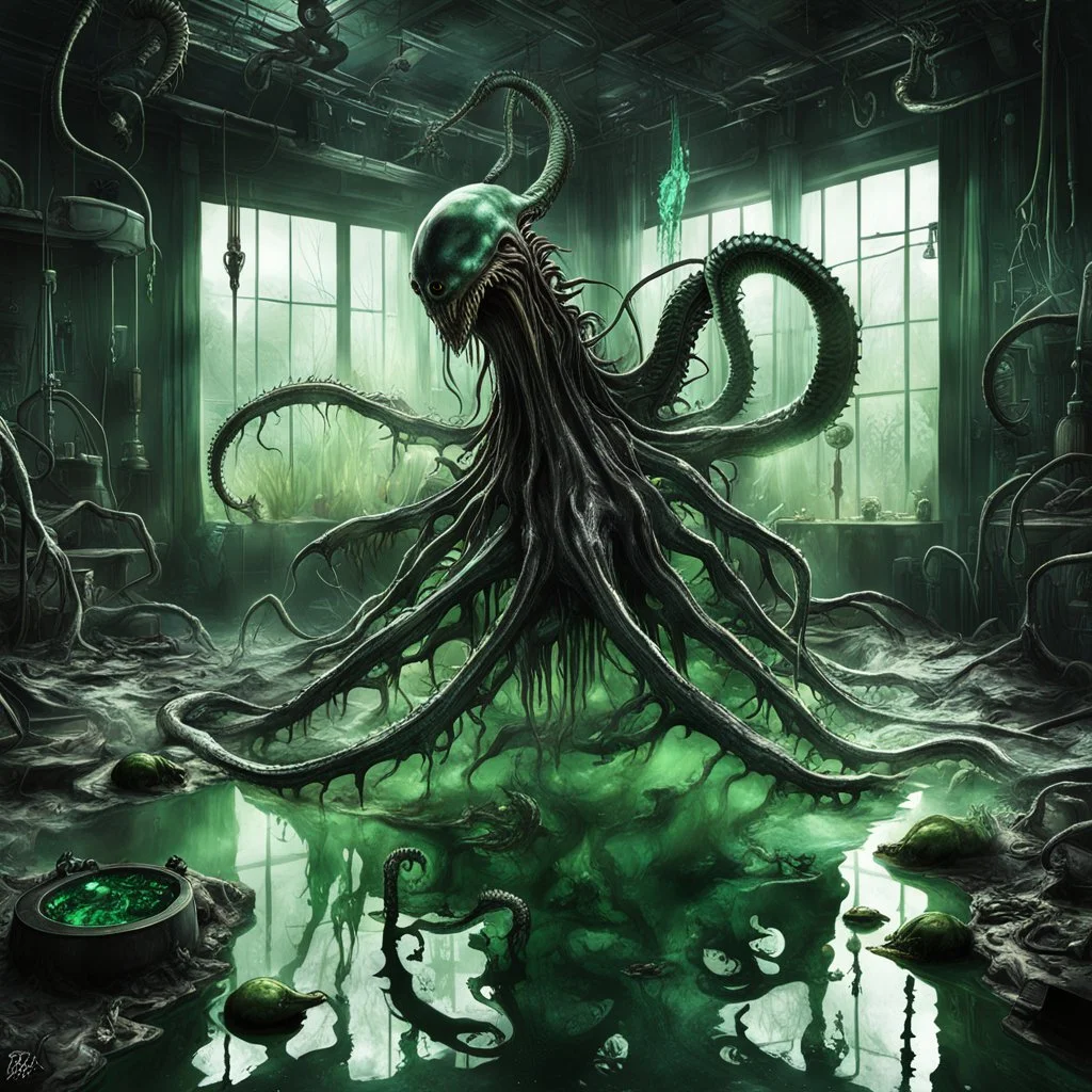 Cinematic sci-fi movie still of a dystopian abandoned messy lab where a glass vat holds a fantastical lovecraftian xenomorphic tentacled creature suspended in greenish viscous liquid, small greenish pool on floor, art from beyond, dramatic, poster art masterpiece, silver and black and green color scheme, by Jakub Rozalski and H.R. Giger and Brian Despain