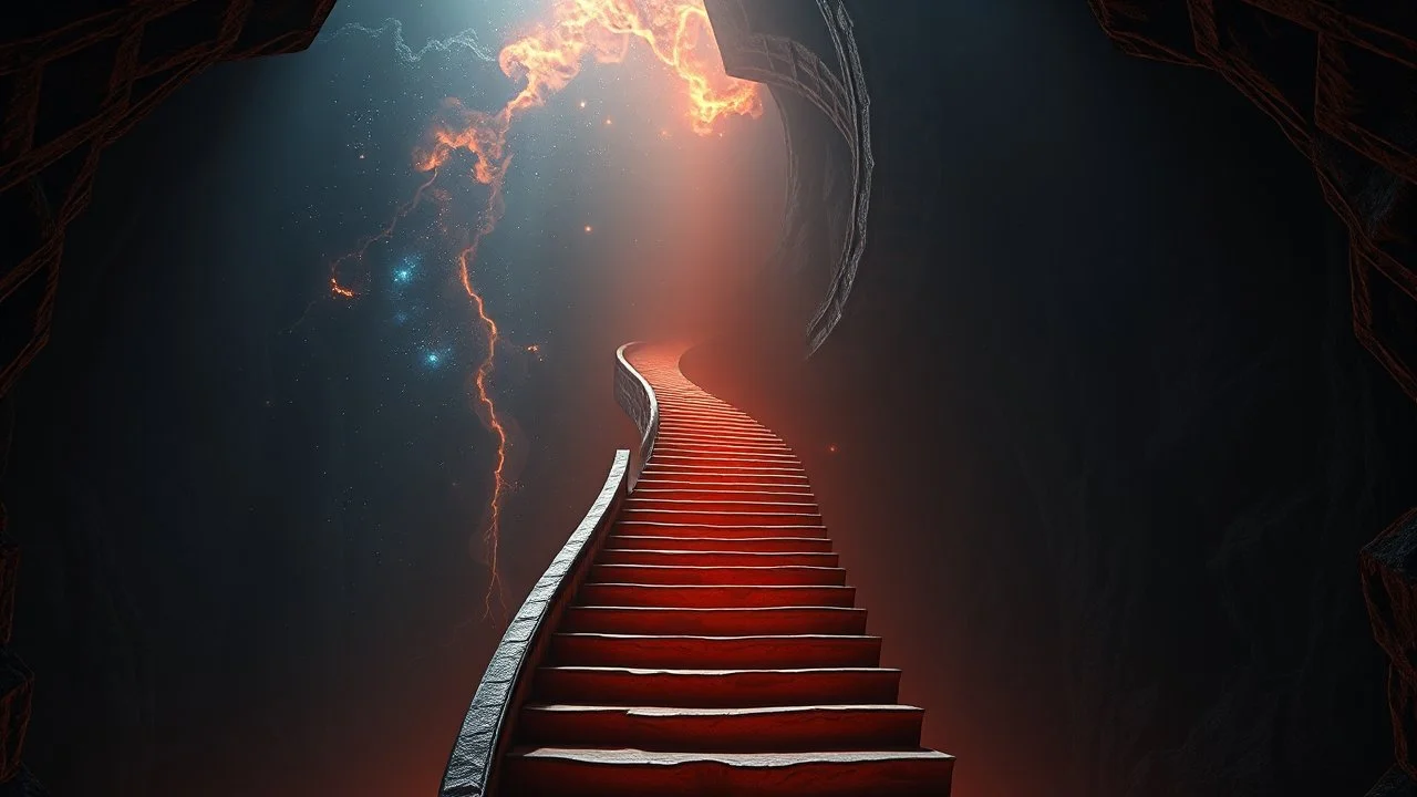 Stairs between heaven and hell, a big vertical spiral staircase made of indefinable material, the end of which cannot be seen, connecting the hellish dark depths with the endless dark blue universe, higg detailed, surreal, dark vibe, cinematic