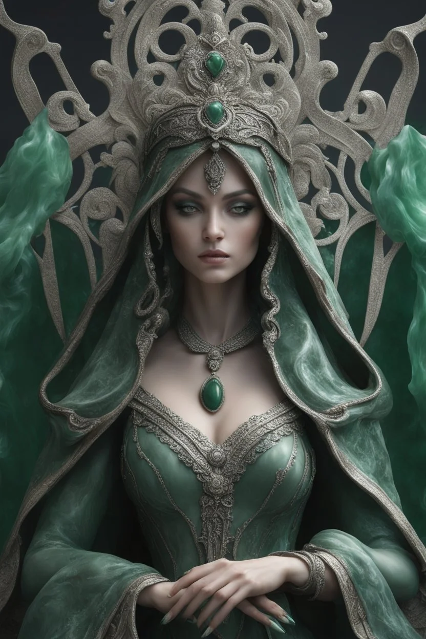 highly detailed marble and jade sculpture of a female necromancer, transparent nail polish, beautiful hands, stunning face, volumetric fog, Hyperrealism, breathtaking, ultra realistic, unreal engine, ultra detailed, cyber background, Hyperrealism, cinematic lighting, highly detailed, breathtaking, stunning environment