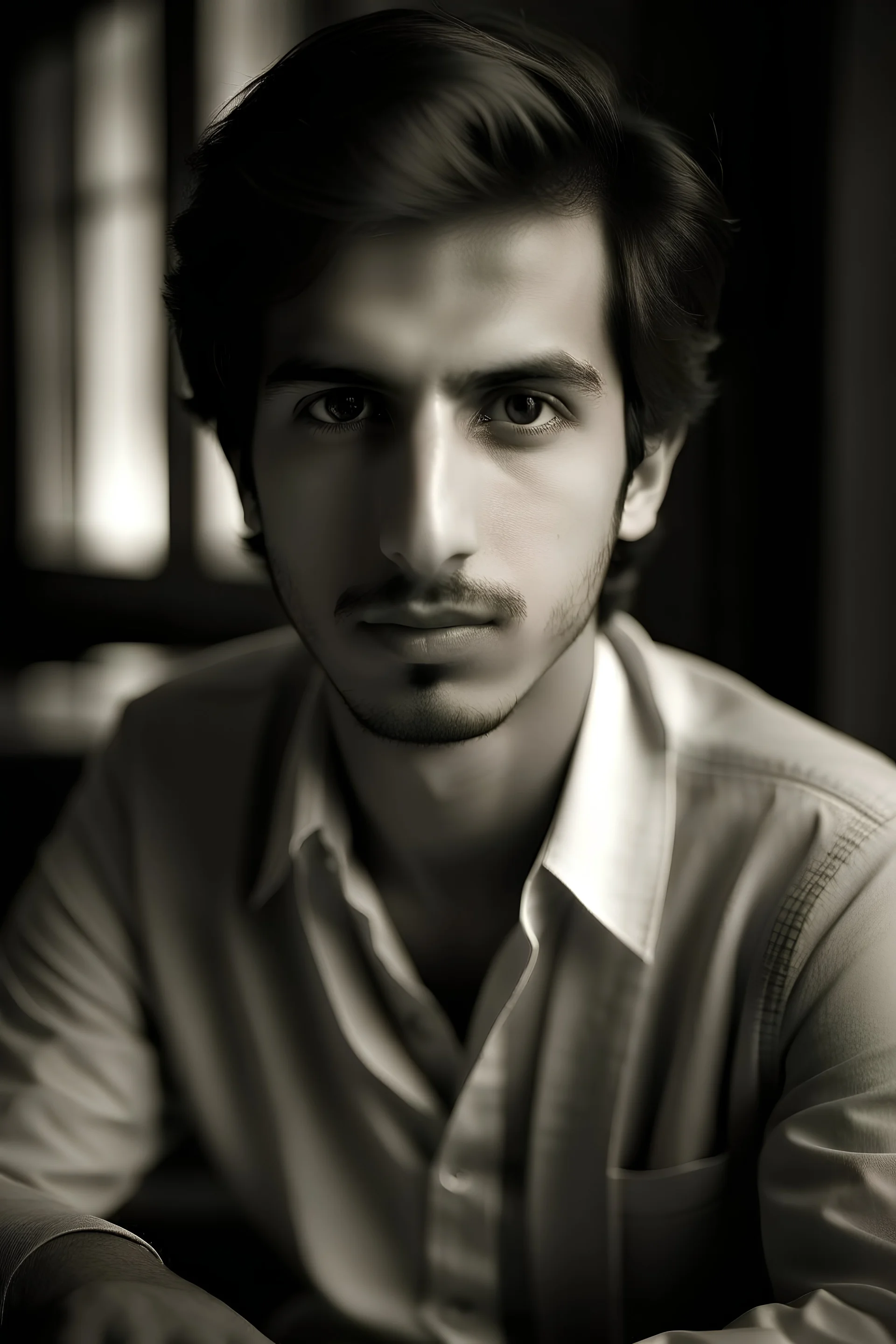 This young man, displaying prominent Arab characteristics, possesses a moderately toned skin complexion. His captivating brown eyes reflect vitality and intelligence, complemented by stylish, dark hair gracefully falling on his shoulders. The image captures him seated, facing directly towards the camera with a frontal view. This setup provides a professional and engaging perspective, similar to the direct approach often seen in news broadcasting, allowing for a complete view of his body and face