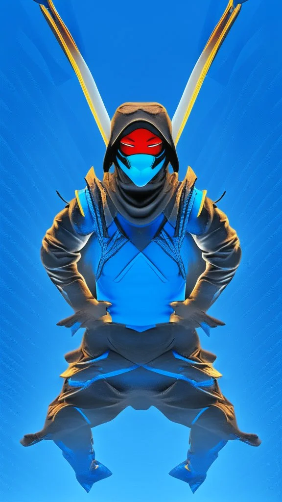 Arte digital Retrato hombre Ninja hiperrealista 4k cuerpo completo de cabeza a pies cielo azul claro