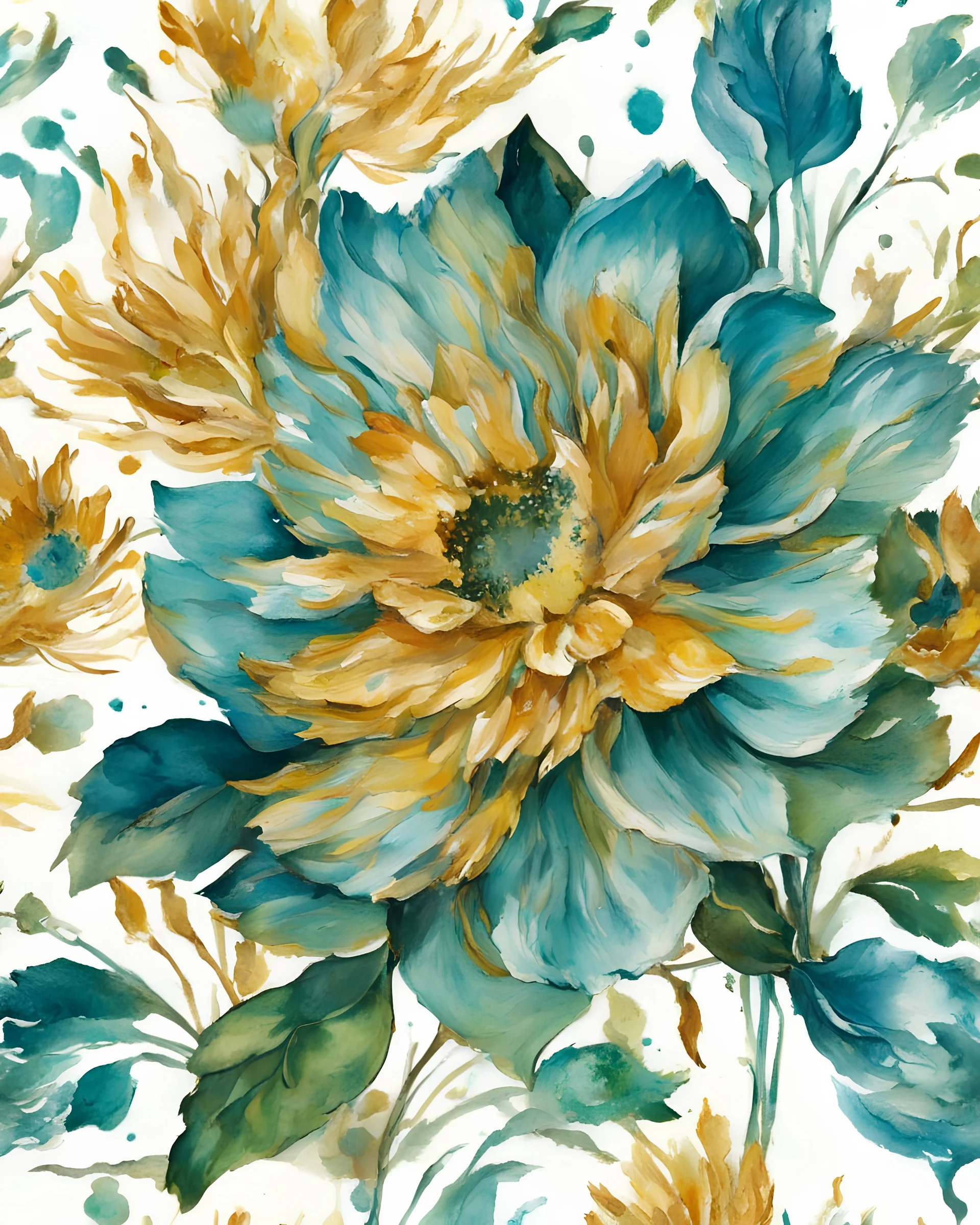 turquois , GREEN and gold flower van Gough water color on white background