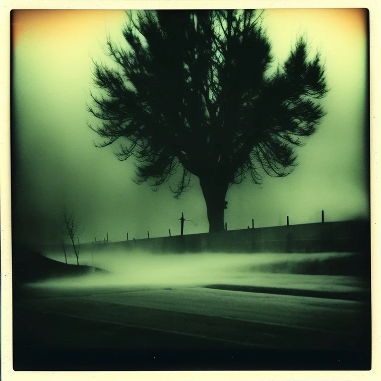 Dark street creepy fog colours strong texture artistic polaroid volumetric light tree nightmare Yves Tanguy