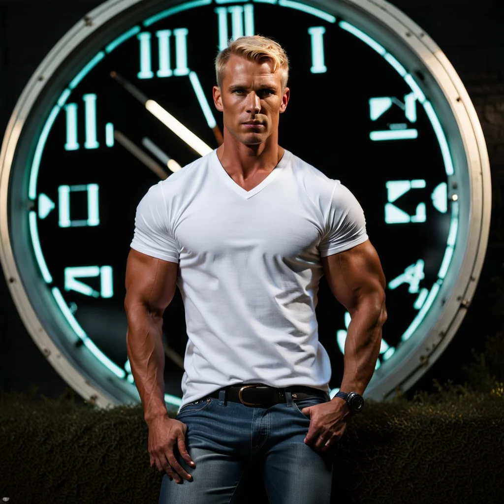 portrait of a 35 year old Handsome muscular male. tall with pale skin and short blond hair with five a clock shadow. wearing jeans and a white shirt