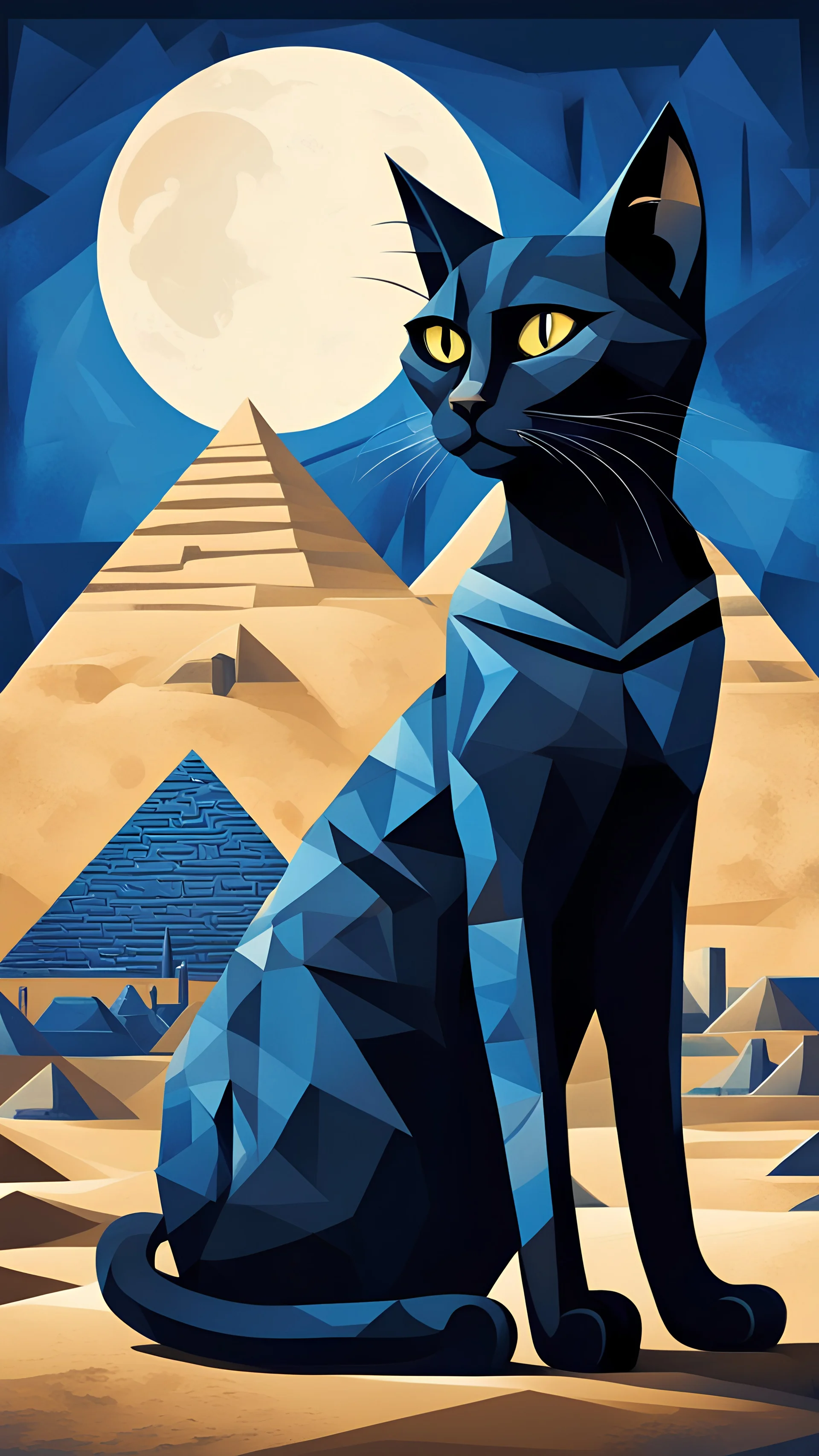 un gato negro egipcio estilizado, a la luz de la luna, con fondo en las piramides de egipto en tonos azules, celestes, con una atmósfera misteriosa, en estilo cubista