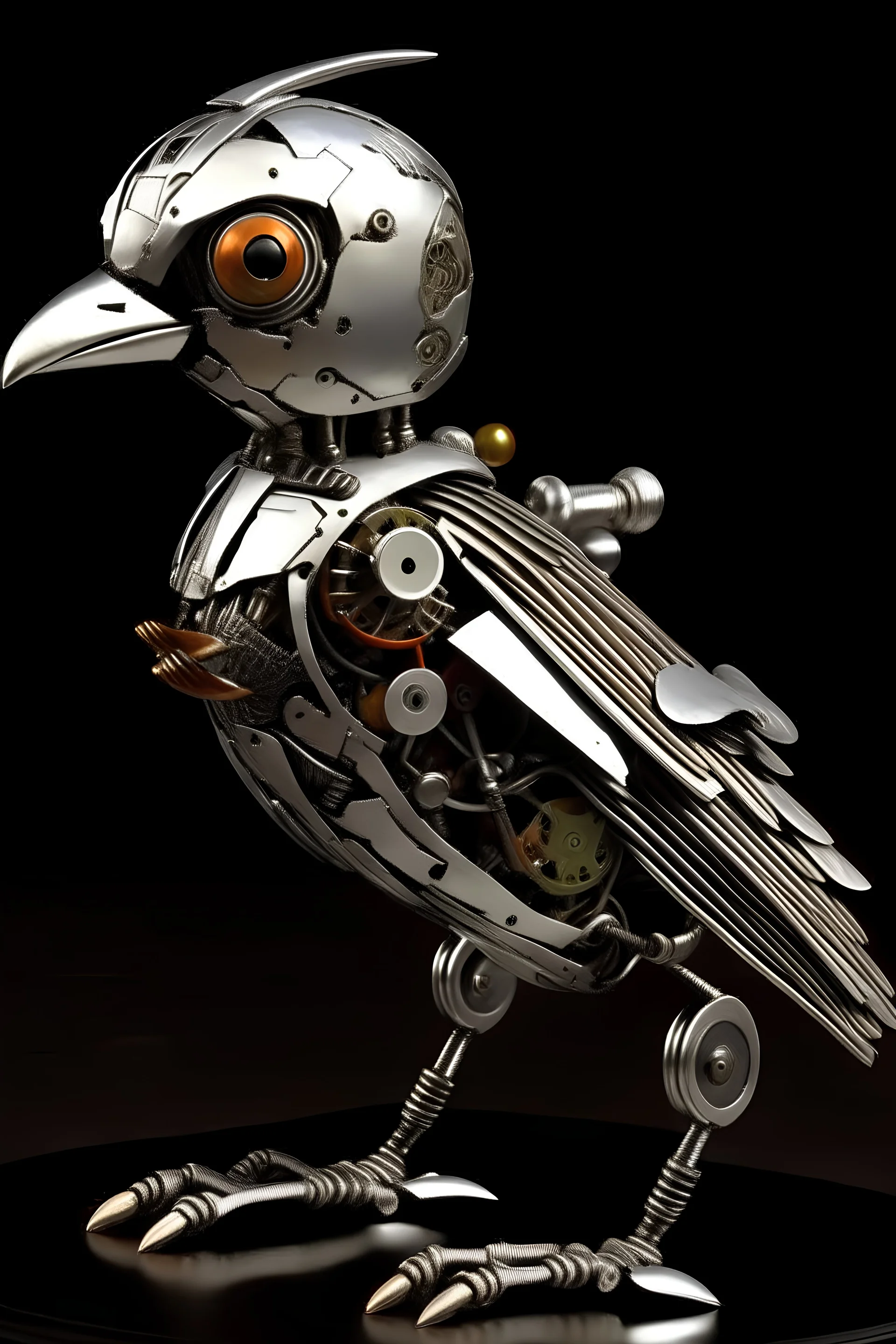 a metal sculpture of a bird holding a wrench, mechanical cute bird, mechanical bird, metal art, robot bird, made from mechanical parts, metal sculpture, surreal metal sculpture, made up of many bits of metal, anthropomorphic bird, biomechanical sculpture, a surrealistic bird, surrealistic bird, parrot, new sculpture, chrome art, breathtaking art