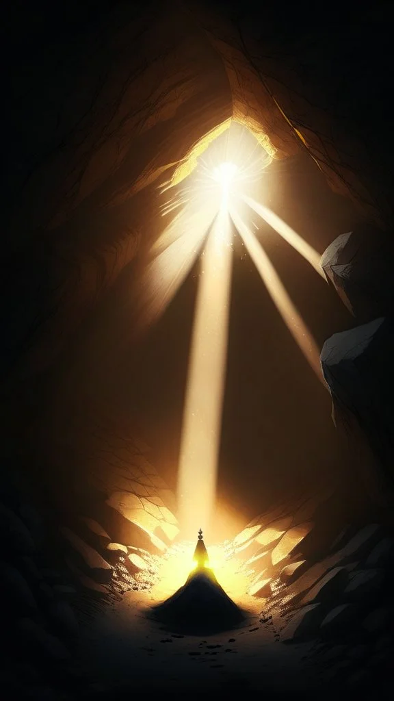 Character on the scree cone of an underground room lit by sunbeams coming from a well located forty meters above.