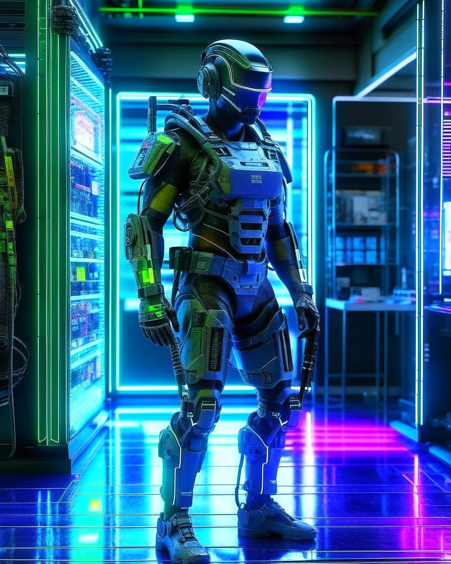 cinematic colors Length picture full body of Futuristic sci fi of a mechanized cyborg police SWAT .high key lighting, 3d bas relief, front view clock, glowing neon nixie eye, wire whiskers cyborg high contrast colors,standing pose hold weaponry,futuristic shoes,laboratory digital holograms and weapons storage room background