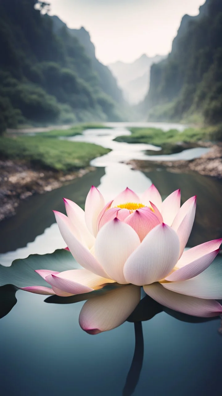 Double exposure of a lotus flower and a flowing river, stunning