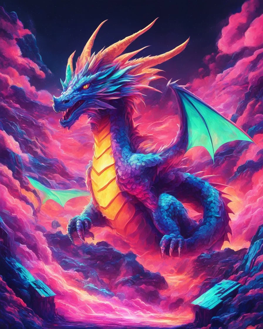 Dragon in a vibrant synthwave dreamscape, neon chaos swirling energetically around pixelated forms, a dynamic fusion of retro gaming nostalgia and futuristic abstraction