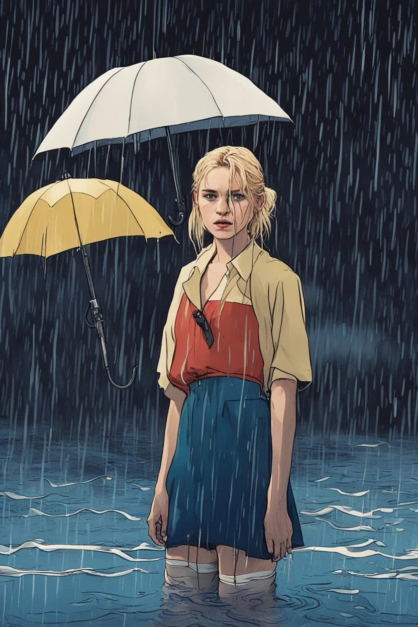 In the music video, a 23-year-old woman with blonde hair and bright blue eyes stands in the sea, se has a bun.. She holds an umbrella, but it offers no protection from the pouring rain. The rain pours through the umbrella, it is leaking and makes stanes. The rain under the umbrella is heavy paint petrol blue, the rain transforms through the umbrella. She is painted blue because of the blue rain drops. The rain is pouring heavily. She is standing in the middle of the sea