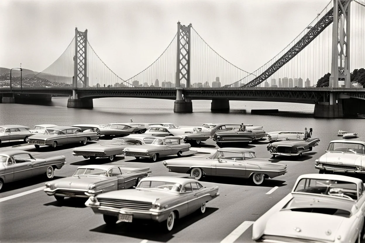 Schwarzweißfoto von der Oakland Bridge aus den 1960ern mit vielen damaligen Automodellen