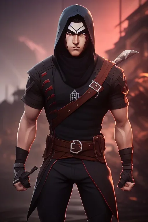 muscular ninja assassin, athletic build, wearing black and red baggy pants with pockets, dark hood and balaclava mask, tan skin, big boots, two daggers, dark hazel eyes, eyes are both in proportion and green, 3/4 look, short brown hair, standing, dark cobblestone alley, one vertical white light behind head, non photorealistic rendering in the art style of j.scott campbell