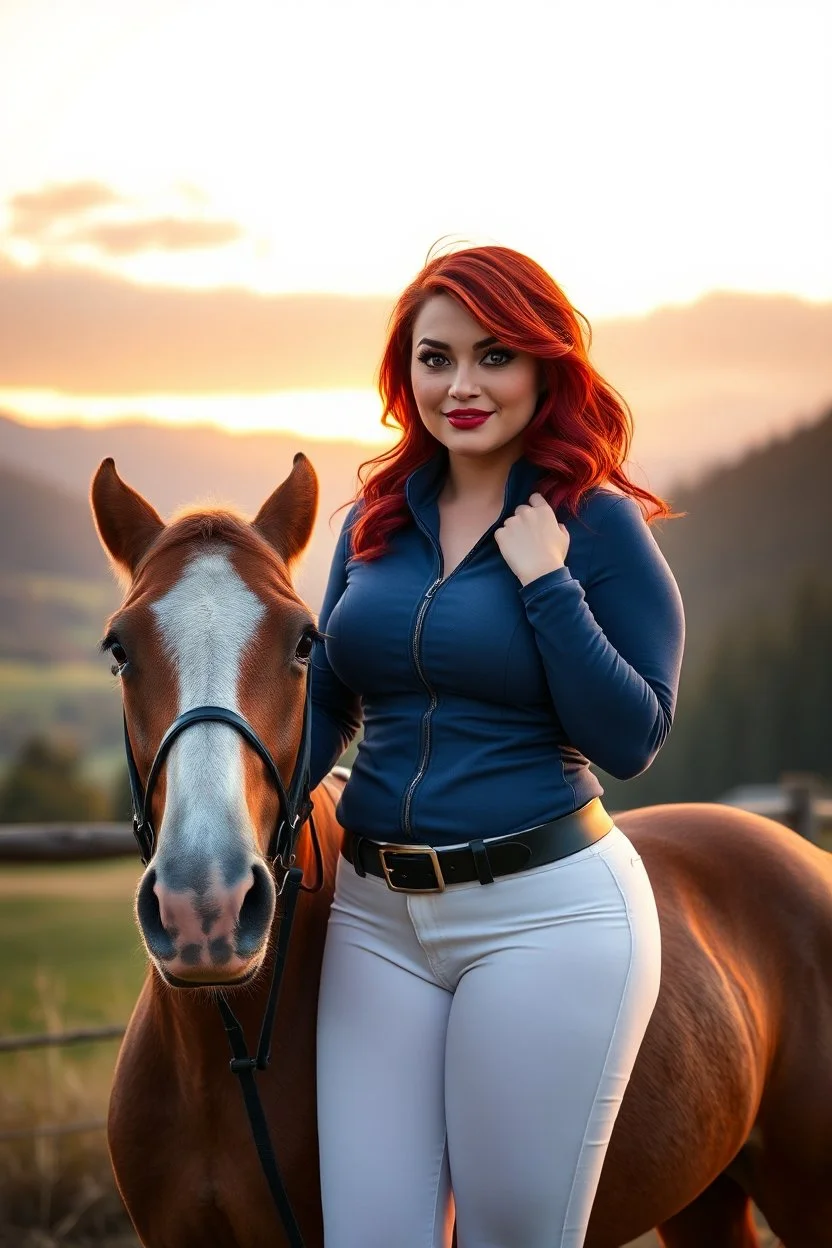 In a realistic, non-anime, cartoon style like: body shot of 40-year old chubby redhead with darkish red hair, brown eyes, very thick red lips and smoky eyes with long lashes who looks a lot like Jewel DeNyle. She is equestrian attire with tight white pants and blue, tight-fit jacket, posing in Bavarian countryside with mountains visible in sunrise.