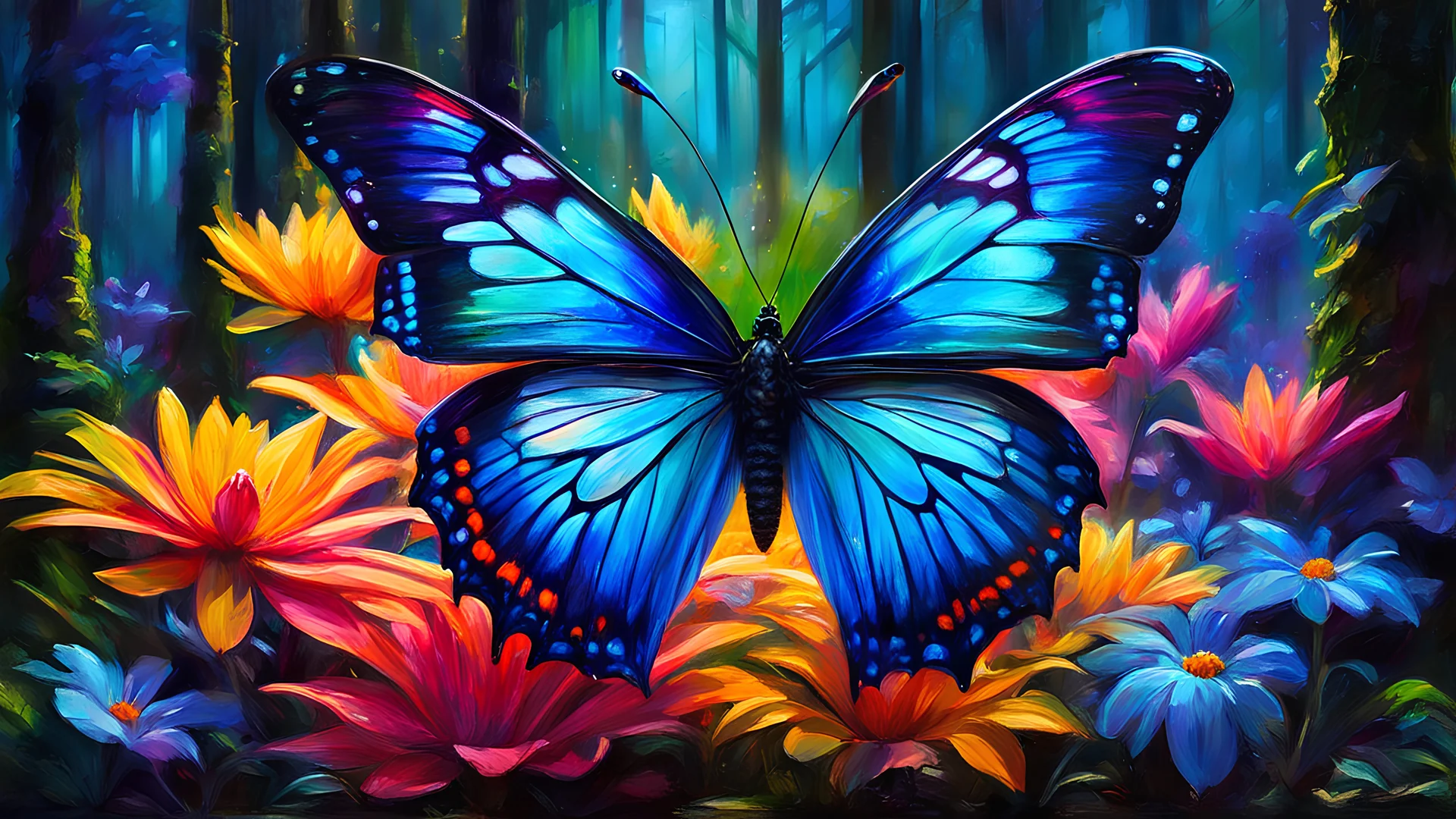 acrylic illustration, acrylic paint, oily sketch, glass butterfly, on neon flower in enchanted forest, ultra detailed, realistic, ral-dissolve, vivid colors, volumetric lighting, by [Iryna Yermolova | Conor Harrington]