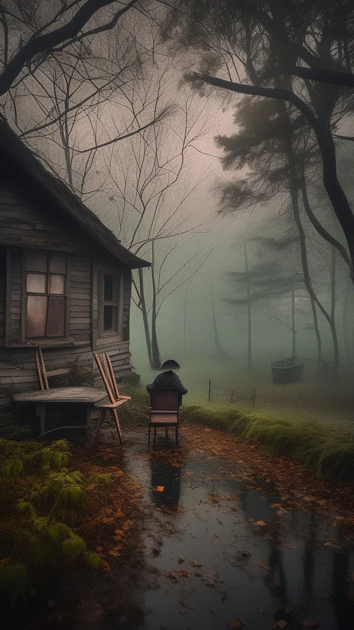 A swamp surrounded by bamboos long trees in cloudy, depressing, foggy, with a dim of light in the distance , there.is an abandoned cottage covered with leaves. A close look of strange scary creature sitting on a rocking chair in front of the cottage