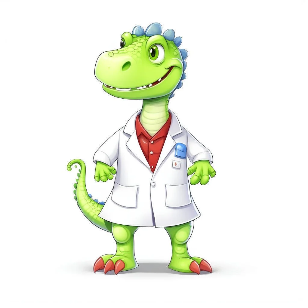 Cartoon illustration for children: Doctosaurus in a white doctor's coat, white background