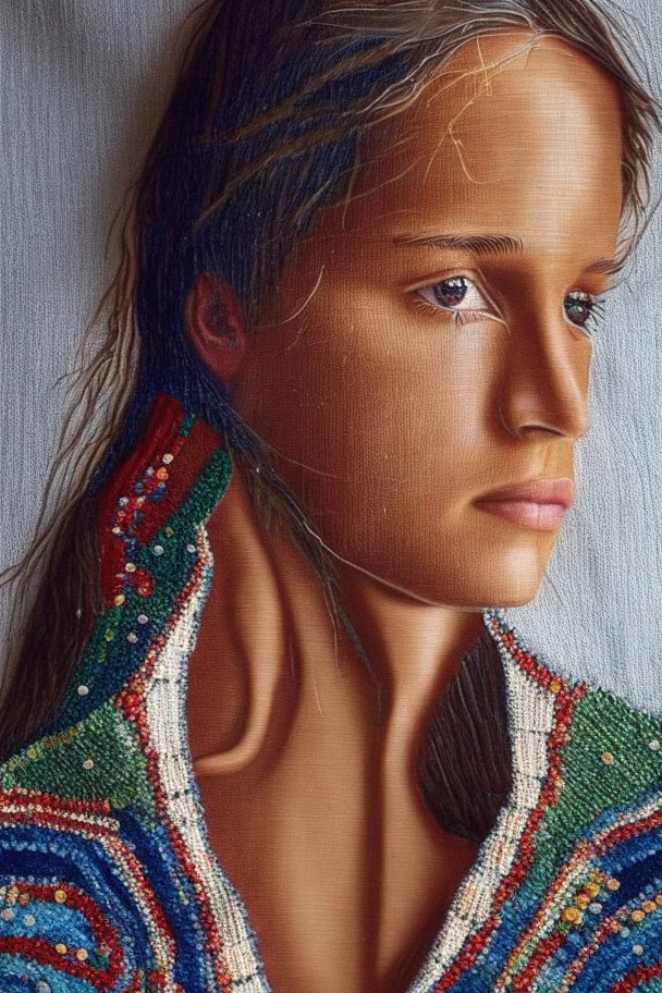 Hand sewn and embroidered Alicia Vikander, threads, sewing needles