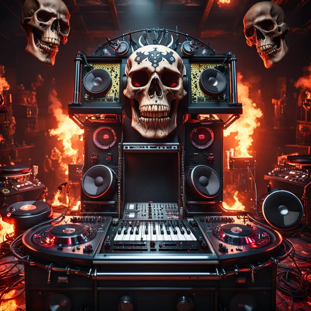 DJ of the damnded, insanely detailed DJ booth in hell, MID set, speakers and equipment made of bone, anatomically correct, add more skulls in th audience, photorealism, vray, 8k 3d https://stablecog.com/generate?o=a67b60e0-edd2-418d-9744-d1d585055d7fv https://stablecog.com/generate?o=93026b00-ac6b-436a-bc57-6aa04073d4a9