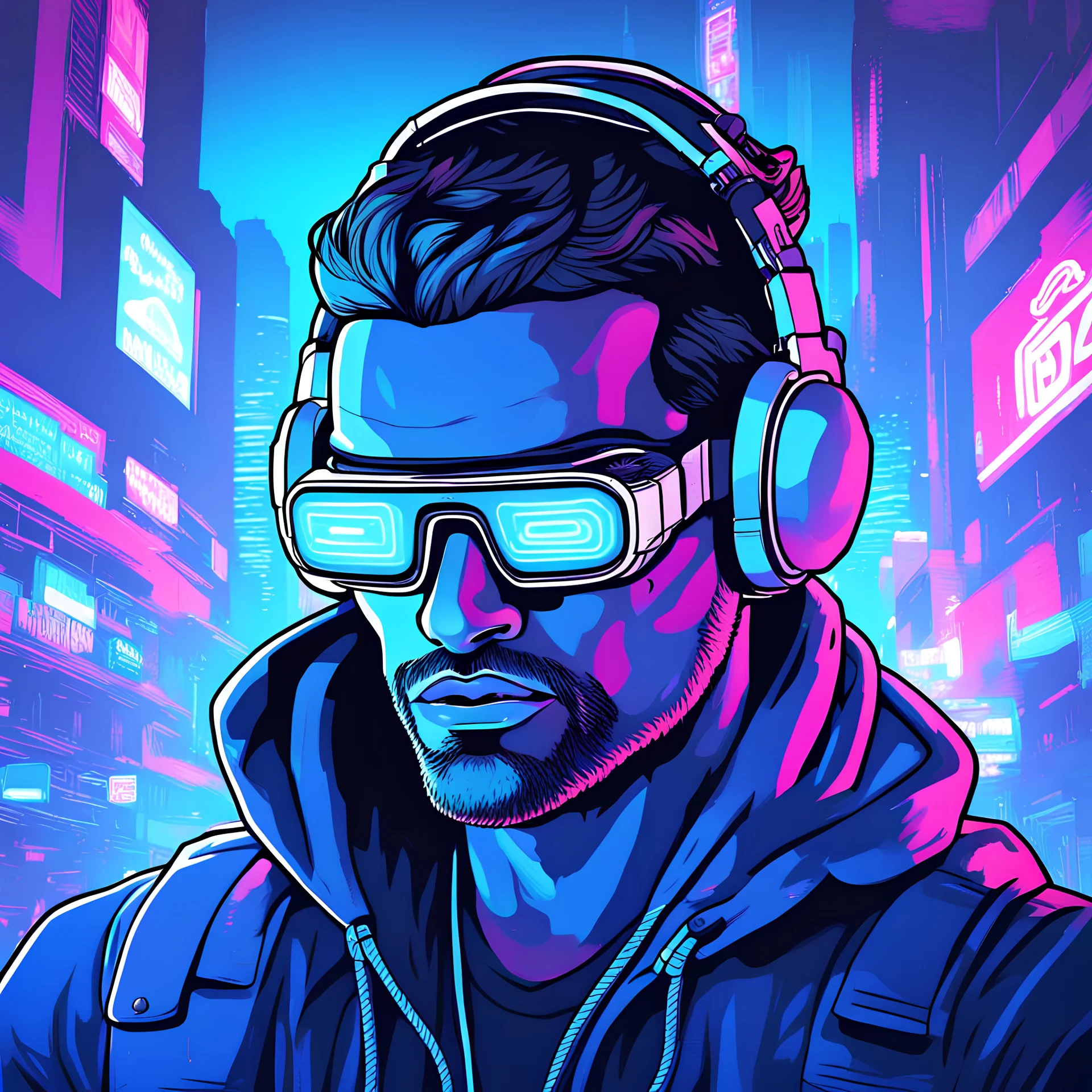 Cyberpunk painting illustrated with a sad alpha male software engineer character in GTA style design blue color eyes every detail is captured with transparent VR headset neons style Indian bazaar background captured in a close up portrait mode photo