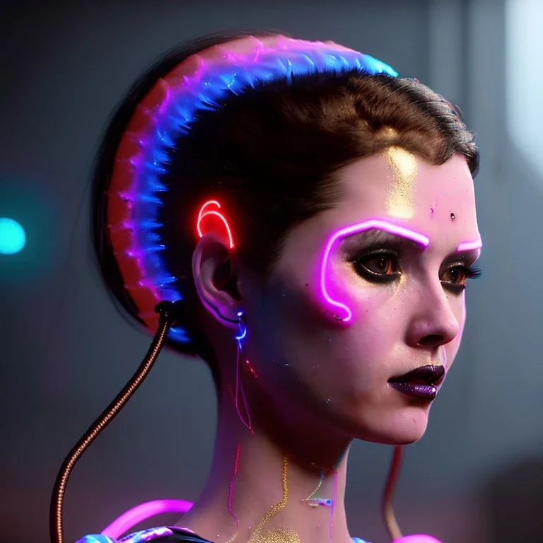 pretty cyber woman, cold ambient, latex, cables, purpurin, blood, black, hologram glasses, gold, piercings, brown, decorative color feathers, circuits, neon style, a lot of led lights, fog, rain, vibrant color, highly detailed, art stations, concept art, smooth, unreal engine 5, god rays, ray tracing, RTX, lumen lighting, ultra detail, volumetric lighting, 3d, finely drawn, high definition, high resolution.