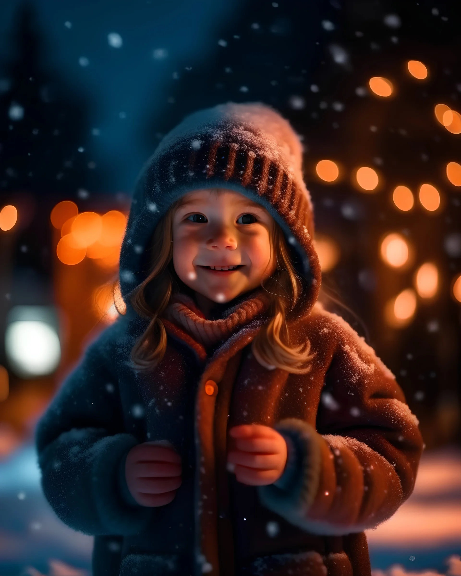 Little girl with christmas lights enjoying the holidays outdoors in snowfall. Happy cute child girl playing with Chistmas festive lights. digital ai