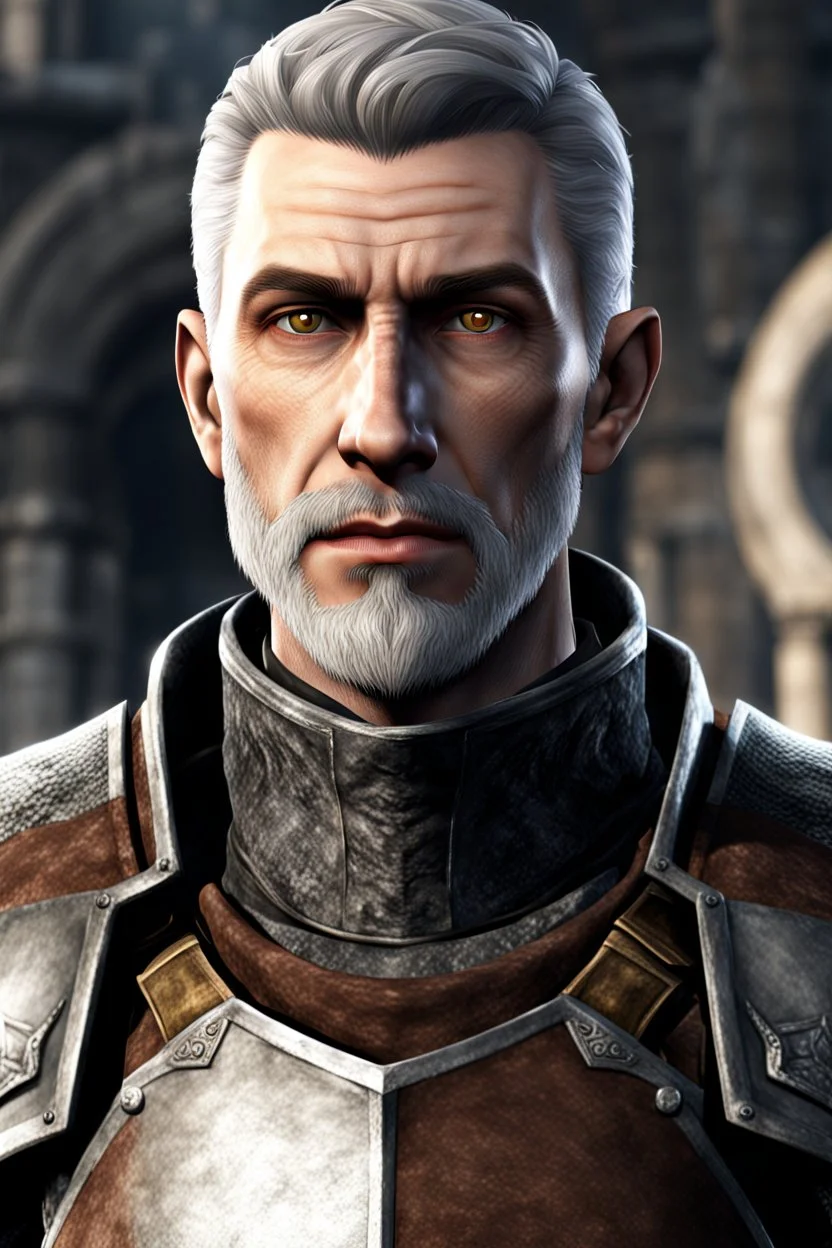 An old male imperial legion soldier from Skyrim with brown eyes, short gray hair and a light beard, Roman Legion armor