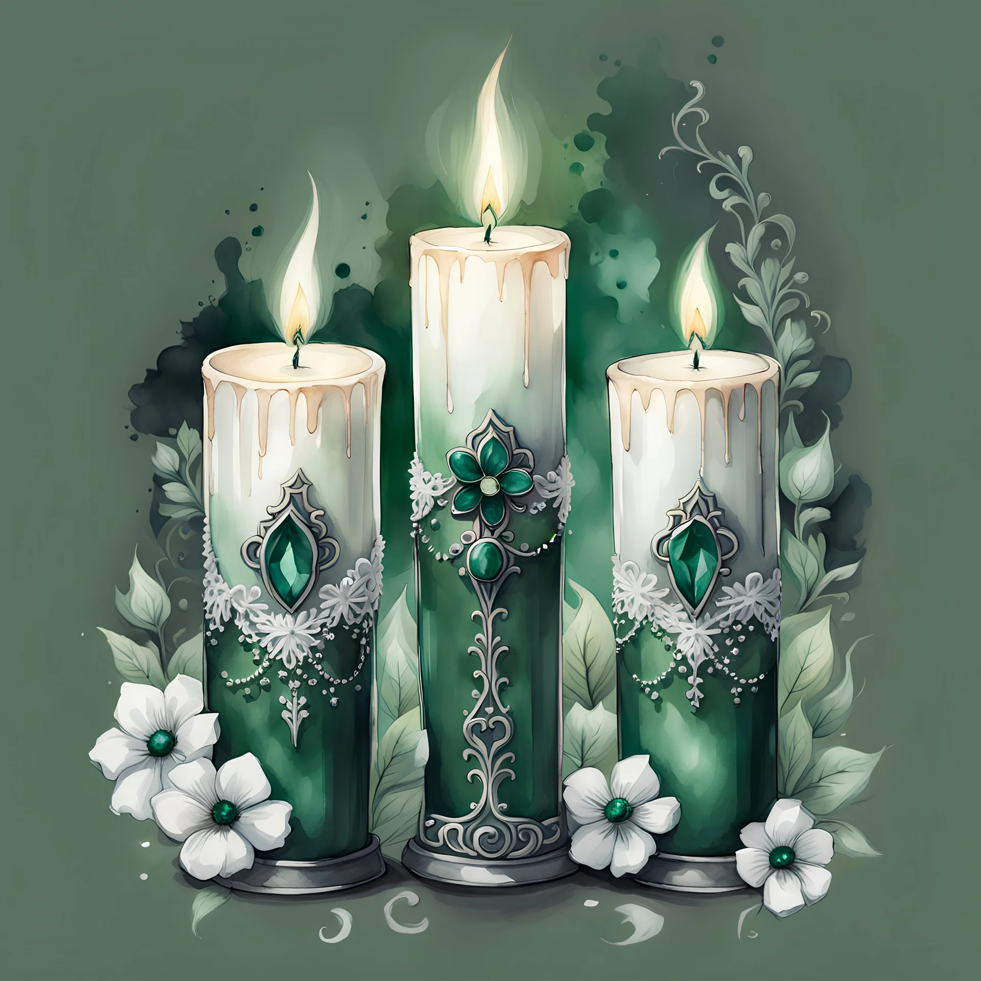 watercolor drawing of a Gothic dark green candles with emeralds and flowers and white lace, on a white background, Trending on Artstation, {creative commons}, fanart, AIart, {Woolitize}, by Charlie Bowater, Illustration, Color Grading, Filmic, Nikon D750, Brenizer Method, Side-View, Perspective, Depth of Field, Field of View, F/2.8, Lens Flare, Tonal Colors, 8K, Full-HD, ProPhoto